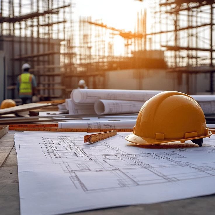 Capacete e projeto técnico em ambiente de obra